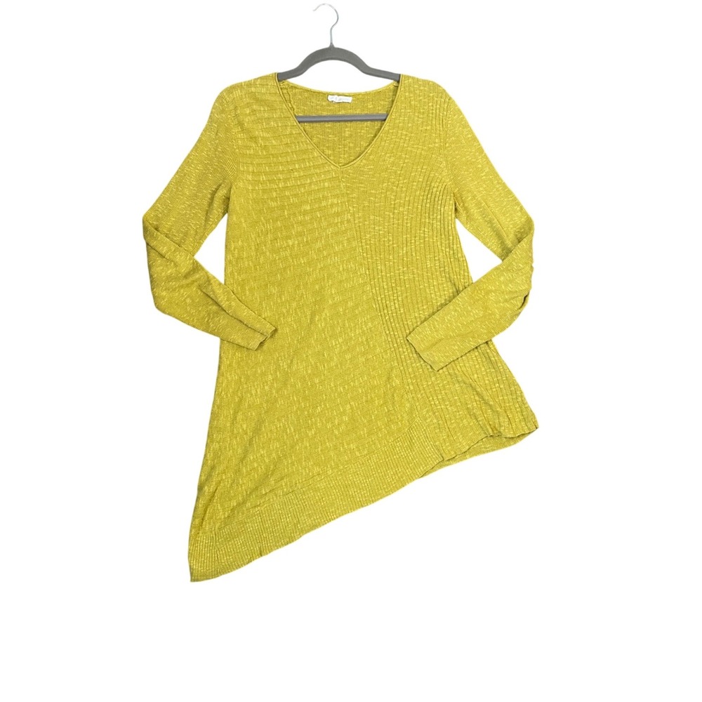 Eileen Fisher Chartreuse Linen Cotton Ribbed Asymmetrical V-Neck Tunic Sweater S